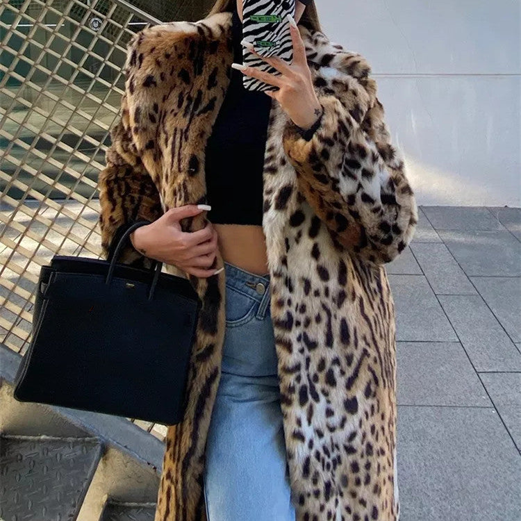 Damenmode Leopardenmuster Anzugkragen Pelzmantel