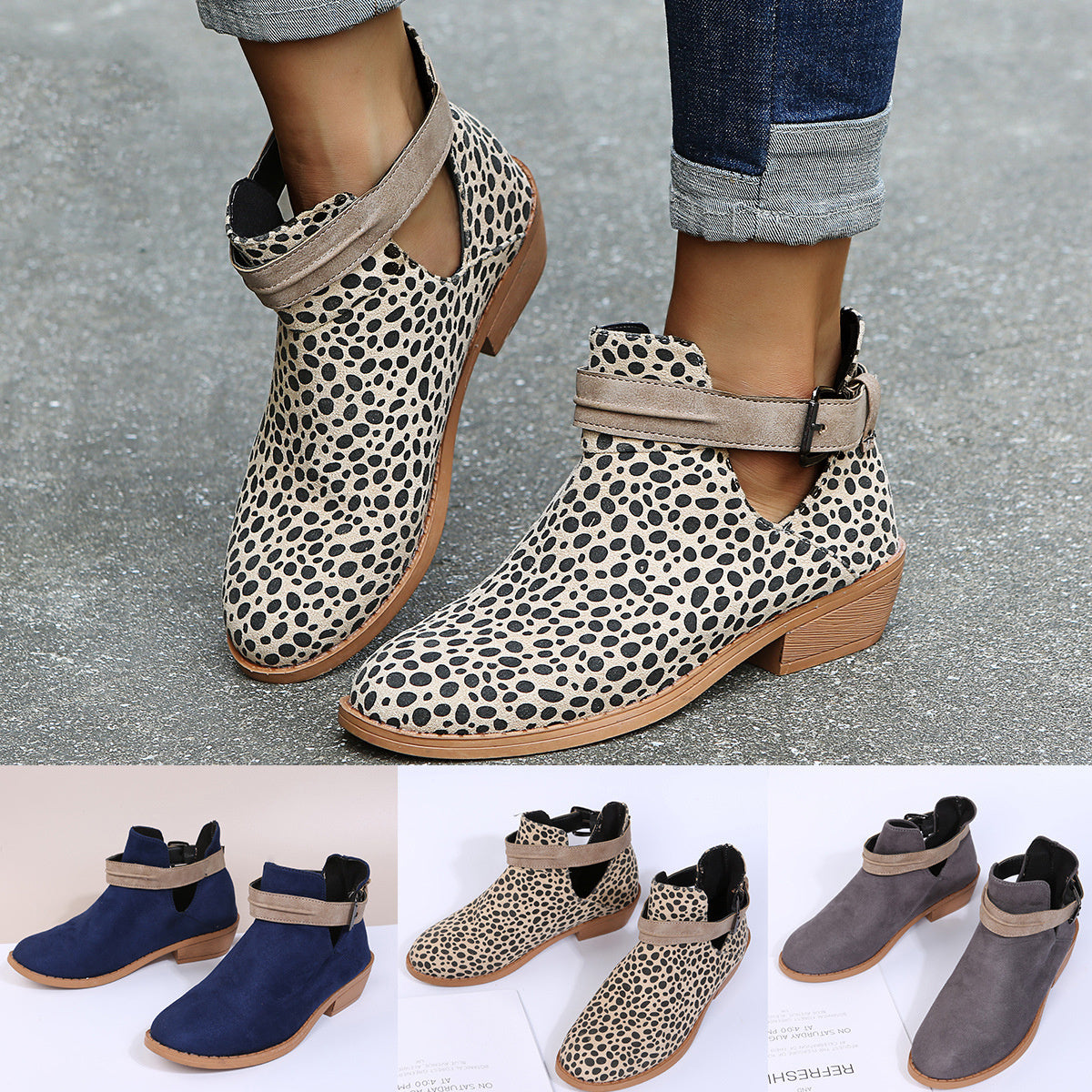 Schnalle Stiefelette Leopard V Ausschnitt Schuhe für Frauen