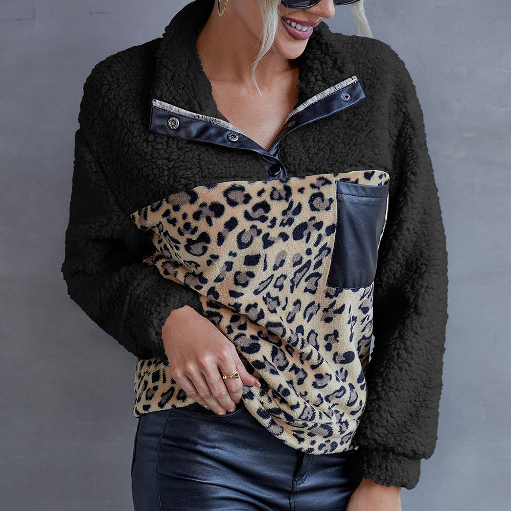 Plush Leopard Print Color Block Casual Sweater Lamb Wool