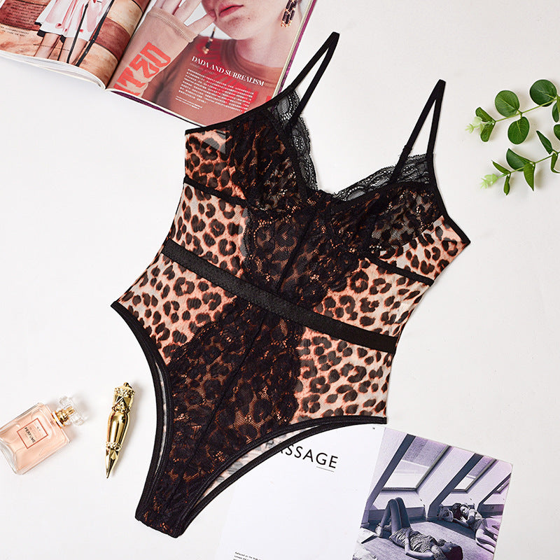 Lace halter leopard print jumpsuit Bikini Swimsuit