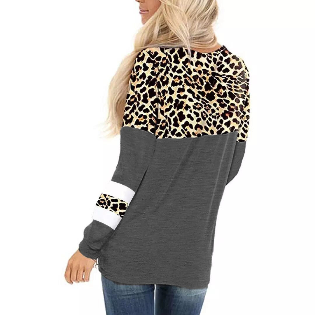 Leopard Print Round Neck Long Sleeve T-shirt Bottoming Shirt