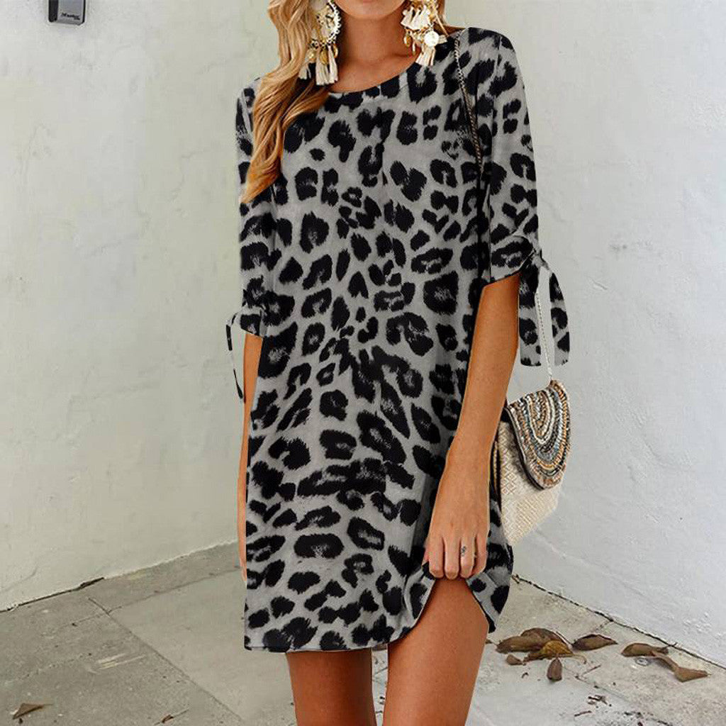 Damenbekleidung Leopard Print Rundhalsausschnitt Kleid