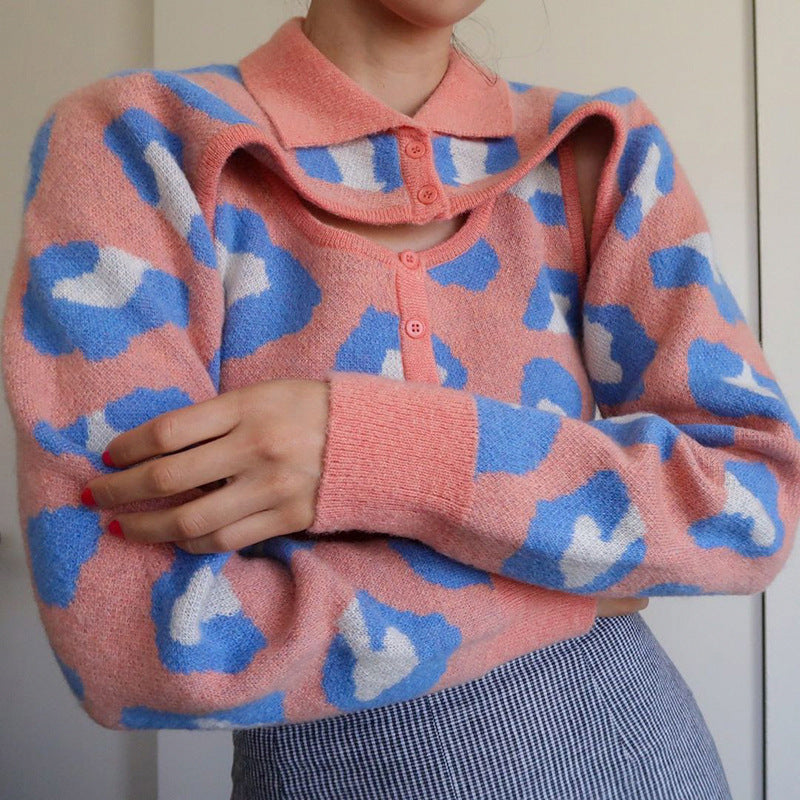 Long Sleeve Blouse Two-piece Sexy Lapel Leopard Print