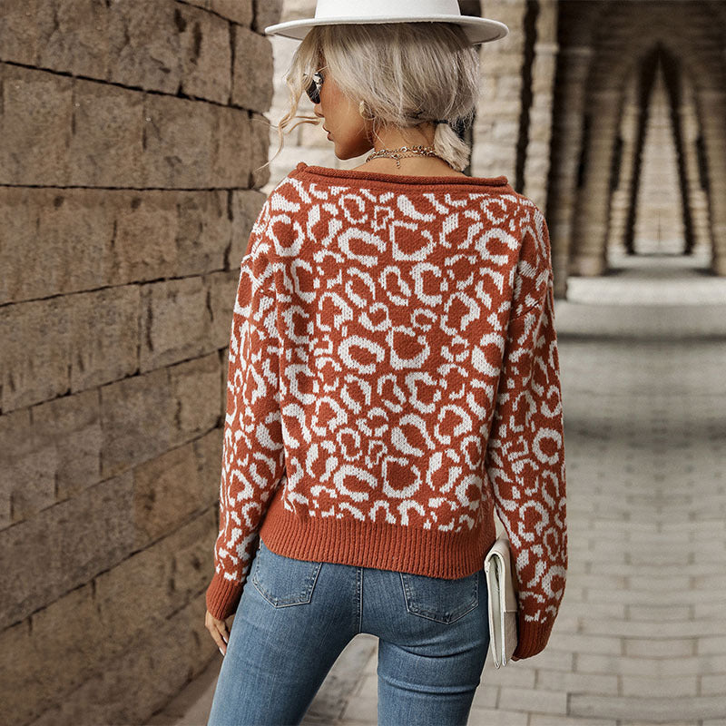 Women's Casual Fashion Jacquard Long Sleeve Leopard Sweater