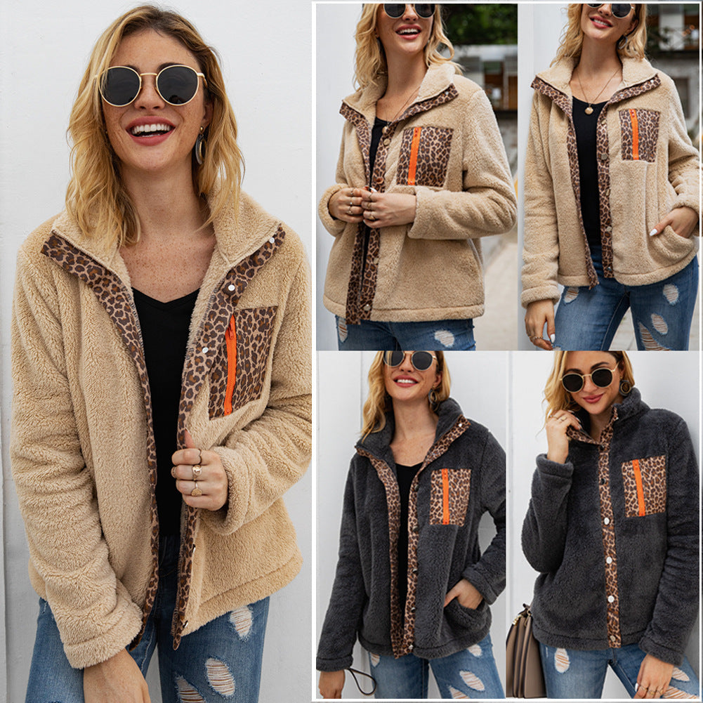 Leopard zipper plush coat
