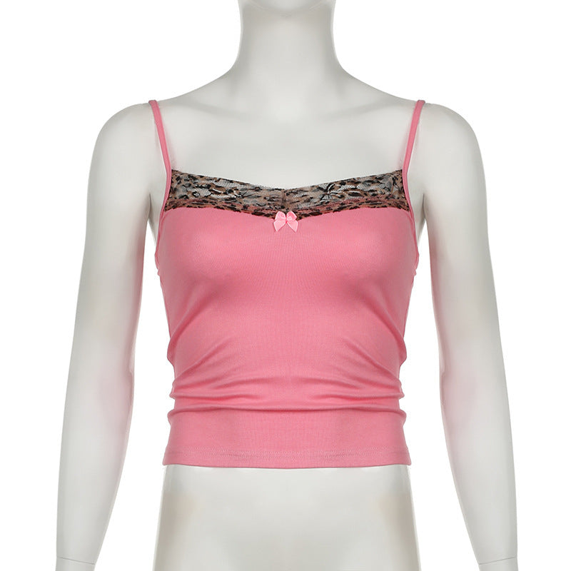 Sweet Style Vintage Leopard Print Lace Stitching Fine Root Spaghetti Straps Outerwear Vest