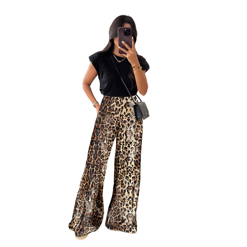 Fashion Leopard Print Sequined High Waist Straight Slim Fit Casual Trousers