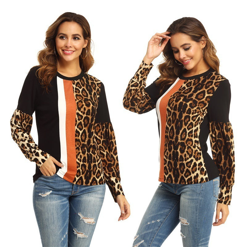 Autumn And Winter Leopard Print Color Contrast Long-sleeved Women's Top