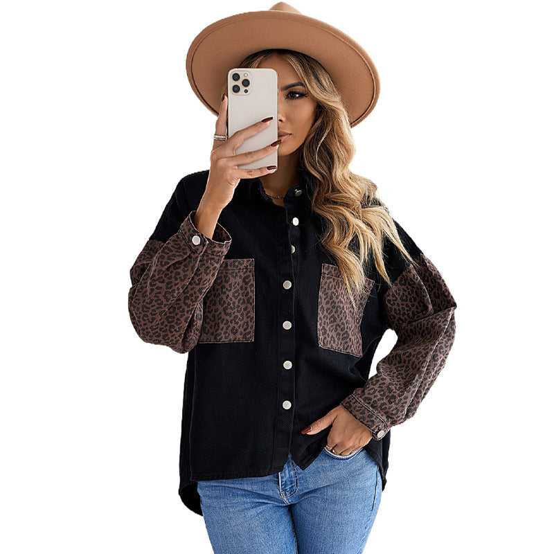 Leopard Print Stitched Casual Top With Pockets