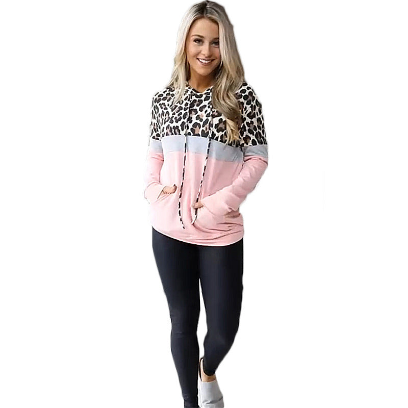 Leopard Print Long-Sleeved Hooded Stitching Padded Sweater