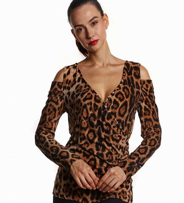 Spring new leopard print deep v collar sexy Slim shoulder long-sleeved shirt for female