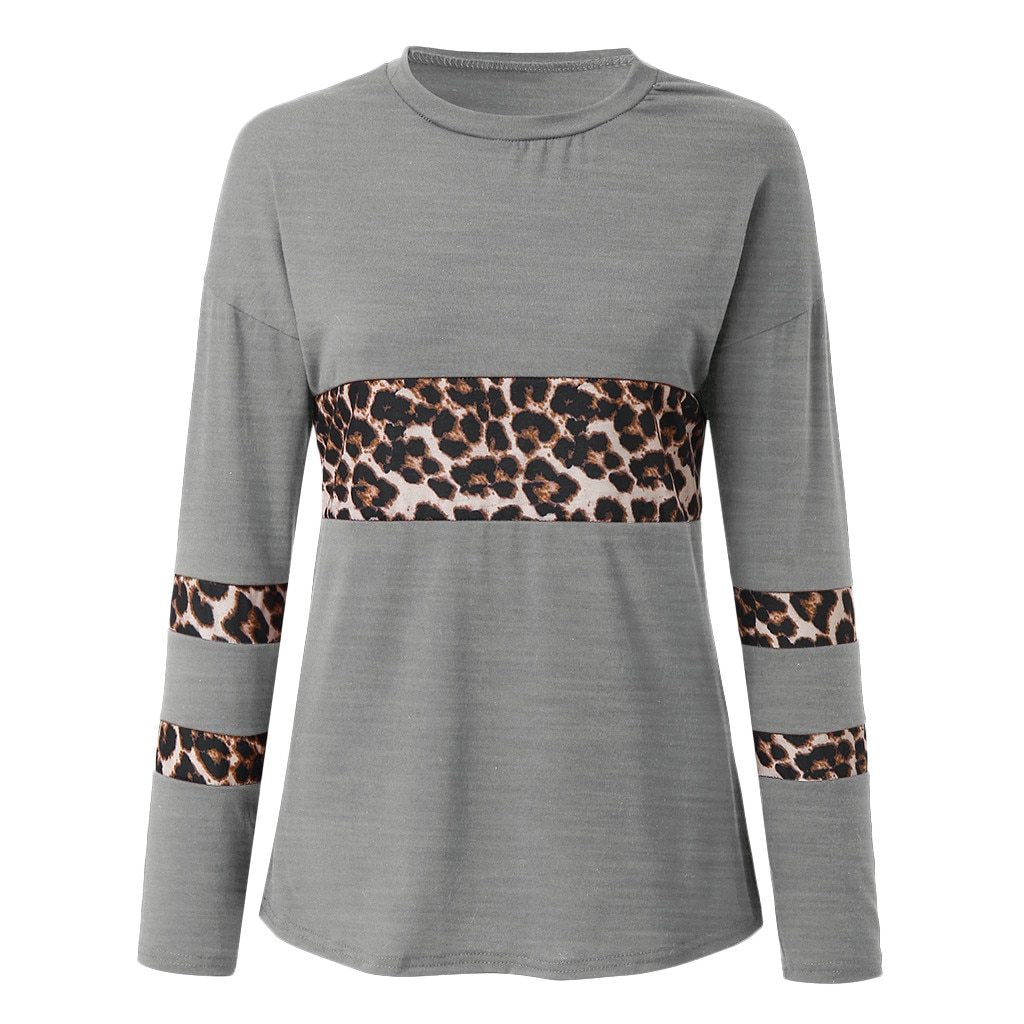 Herbstliches europäisches und amerikanisches T-Shirt mit Leopard print aufgenäht