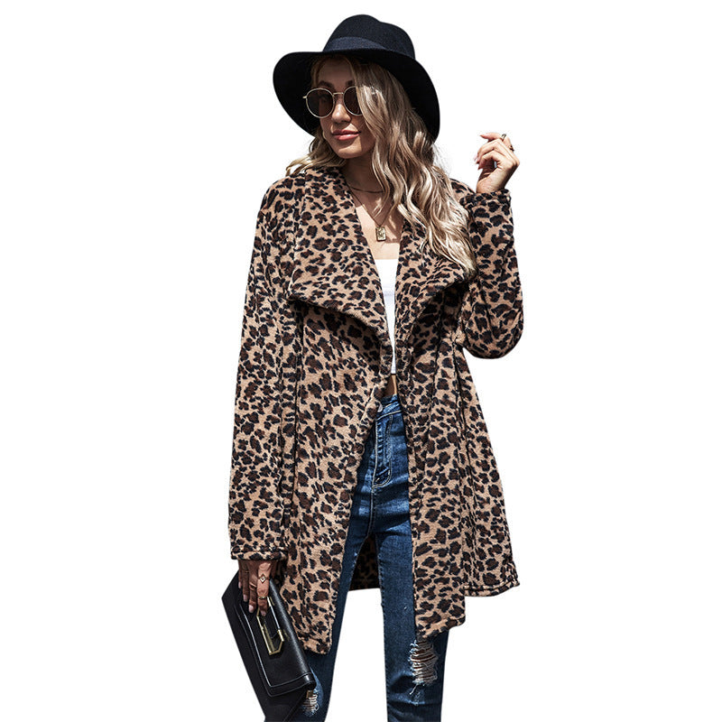 Women's long-sleeved faux fur leopard print casual coat
