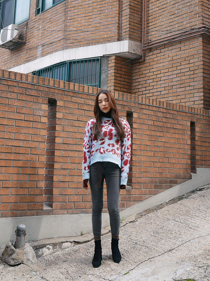Refined Stylish And Versatile Warm Thick Leopard Print Pullover Sweater