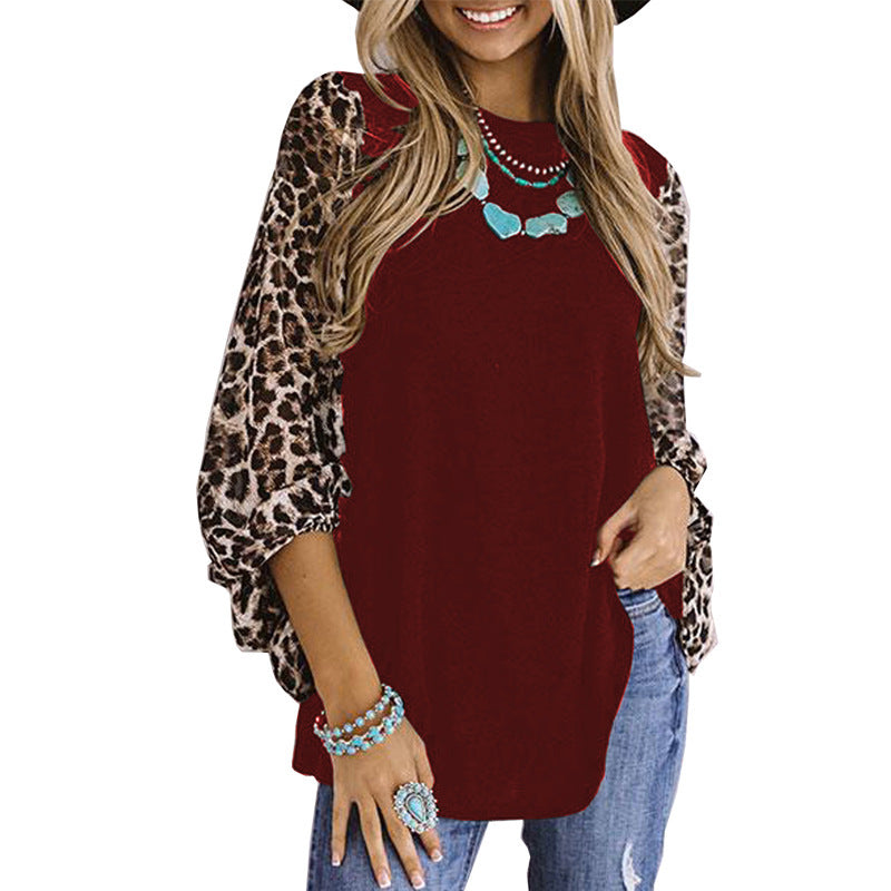 Leopard Print Long Sleeve Round Neck T-Shirt Women