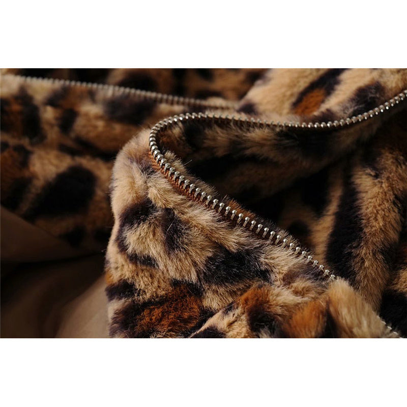 Vintage Leopard Print Lapel Zipper Slim Fit Faux Fur Cotton Jacket