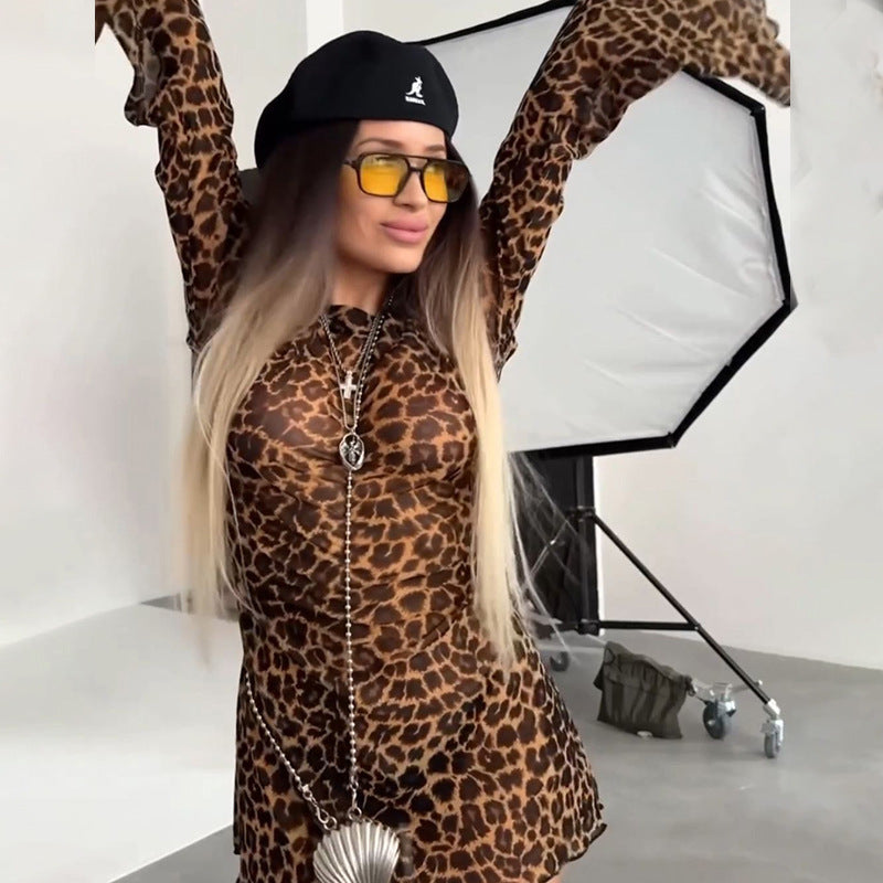 Stylish Leopard Print Off-neck Bell Sleeve Dress for Her