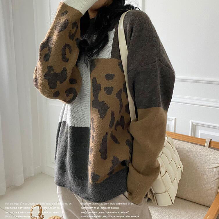 Lazy Style Pullover Color Block Leopard Sweater
