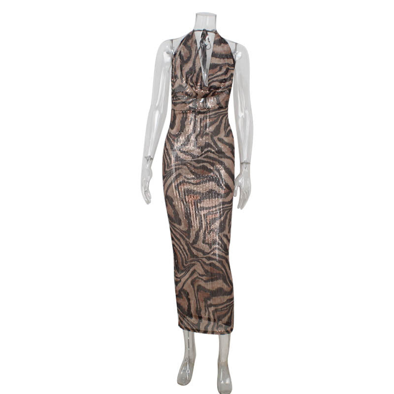 Ärmelloses tiefes V-Kleid mit Leopardenmuster
