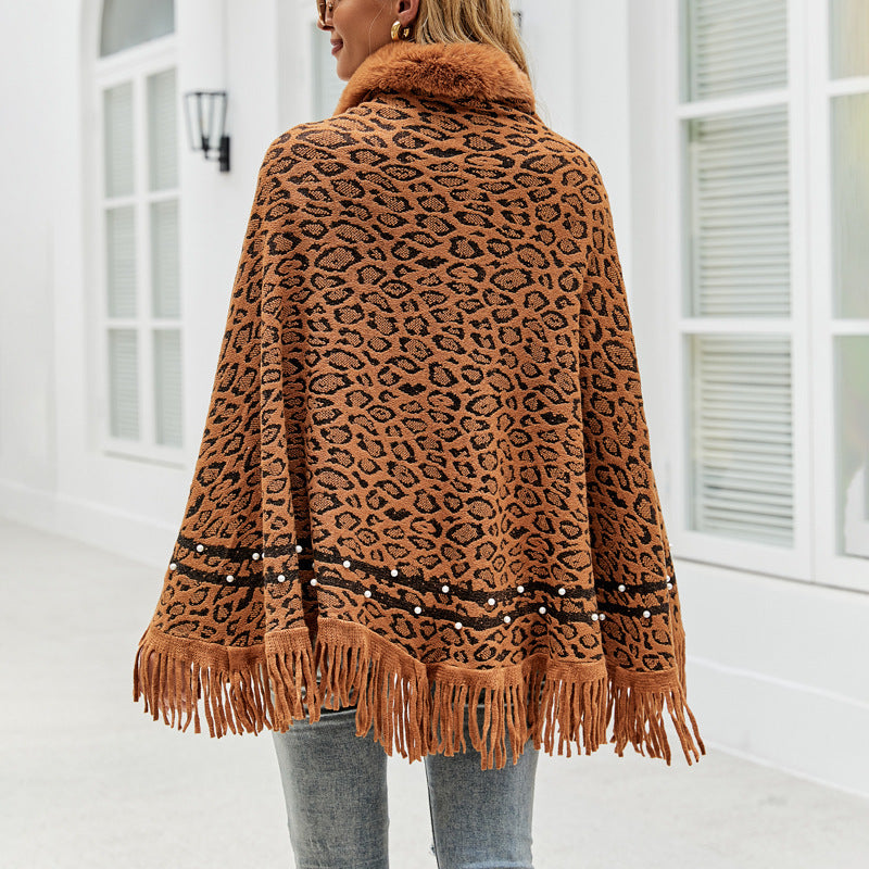 Women's Fringed Warm Leopard Print Fur Collar Coat