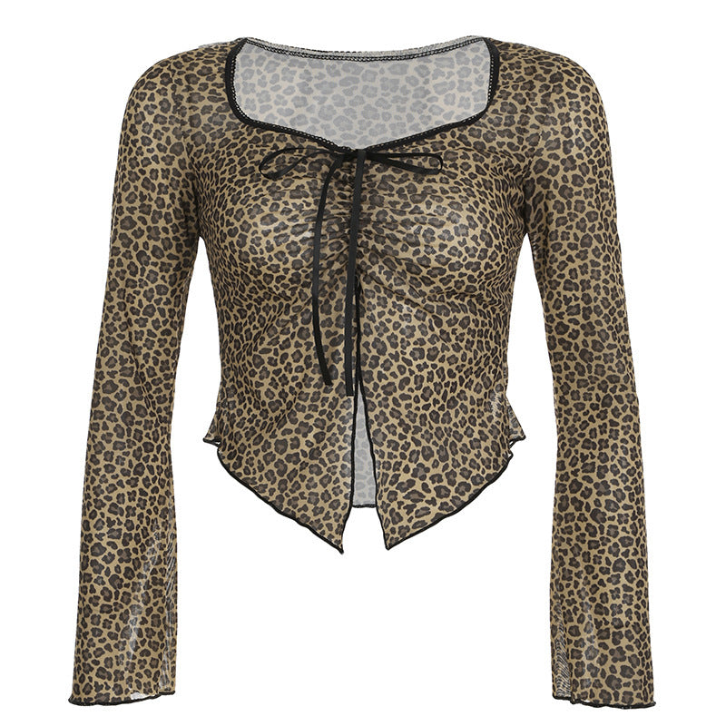 European And American Sexy Style Lace Leopard Print Pleating T-shirt