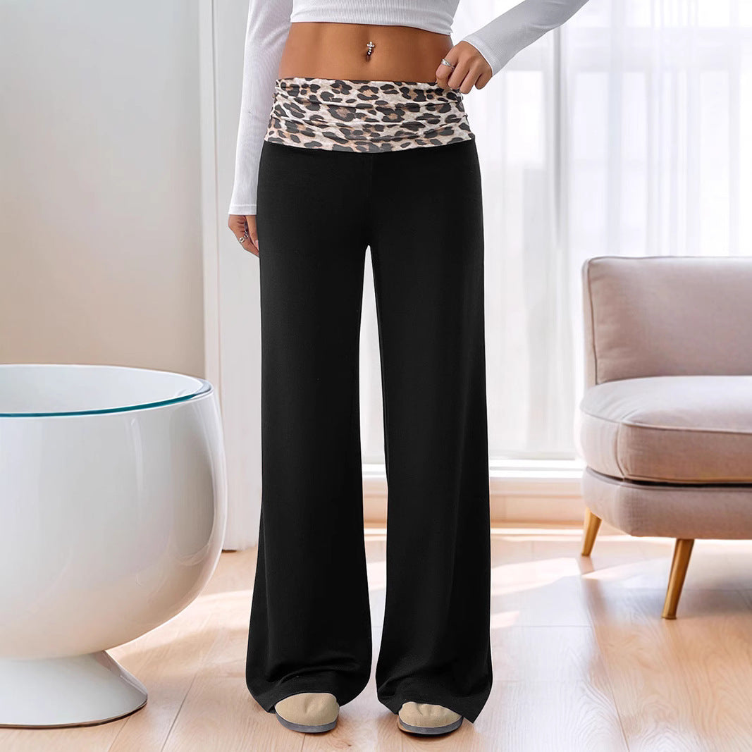 Casual Patchwork Contrast Color Leopard Print Wide Leg Pants For Women