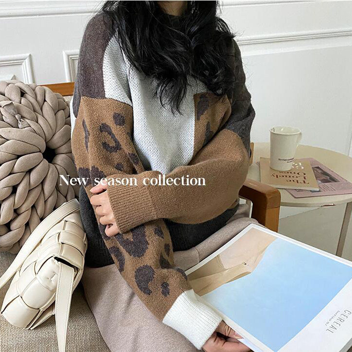 Lazy Style Pullover Color Block Leopard Sweater