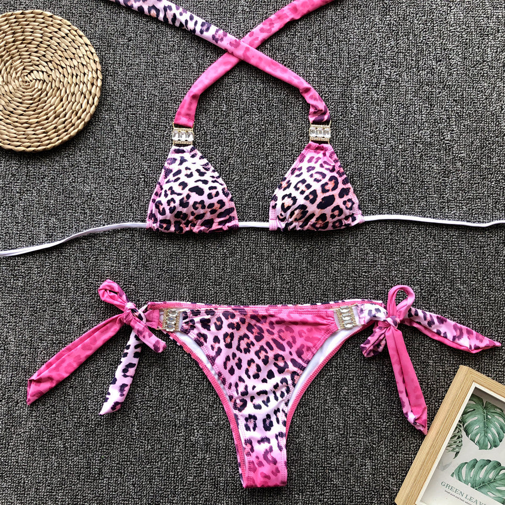 Pink Leopard Print Sexy Split Swimsuit