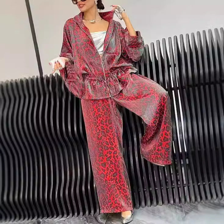 European And American Lapel Waist Drawstring Long Sleeve Leopard Print Casual Suit