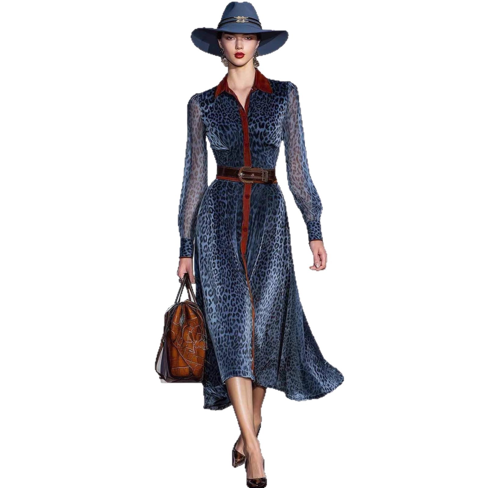 Long Sleeve Leopard Print Belt Dress