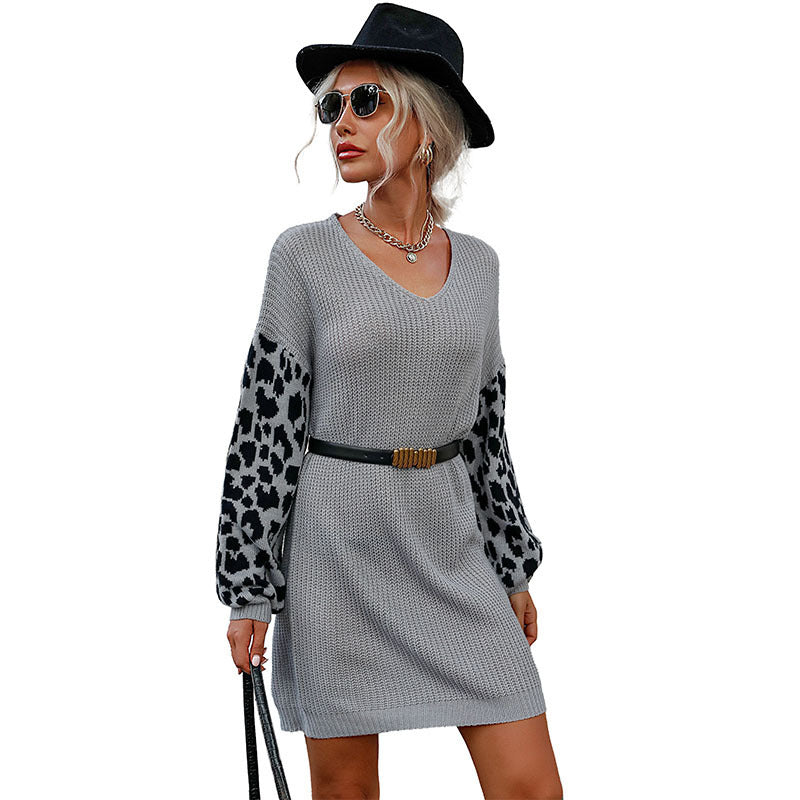Color-blocking Leopard Print Woolen Skirt Dress