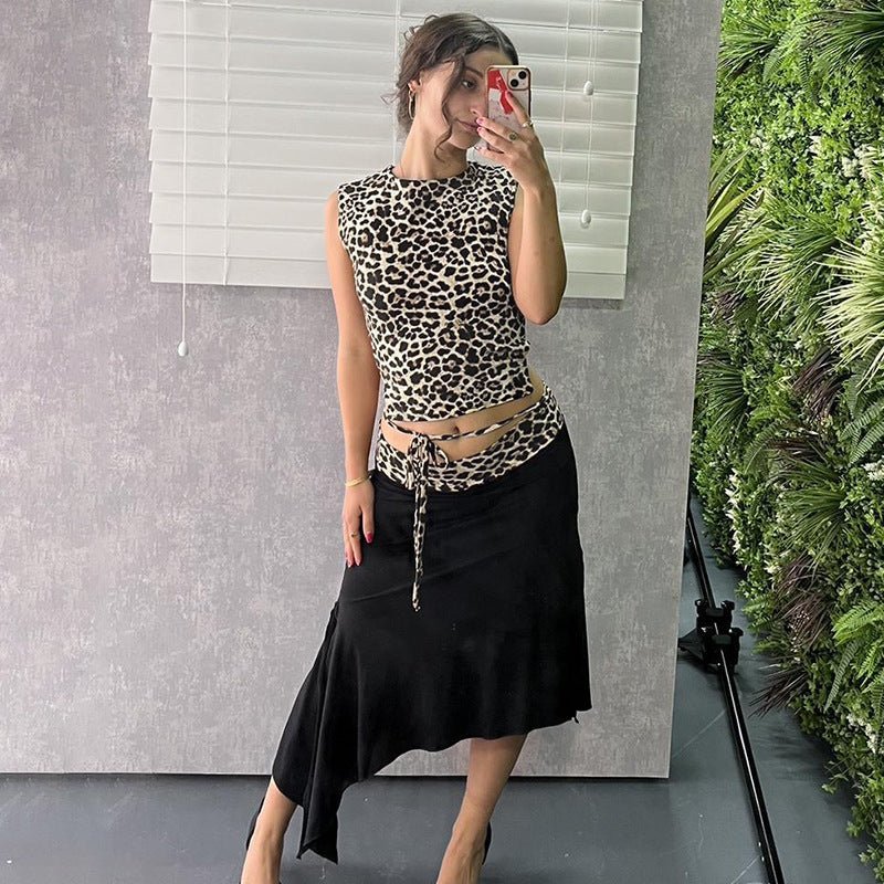 Summer Fashion Leopard Print Lace-up Sleeveless Vest Irregular Sheath Bevel Two-piece Overskirt Suit