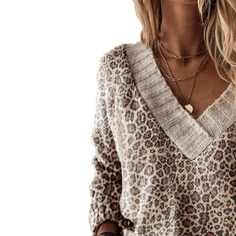 V-neck Leopard Print Casual Sweater Women Europe And America