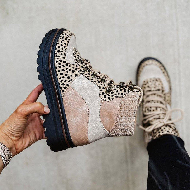 Leopard Stiefel Frauen Lace Up Martin Stiefel Winter Low Heel Schuhe