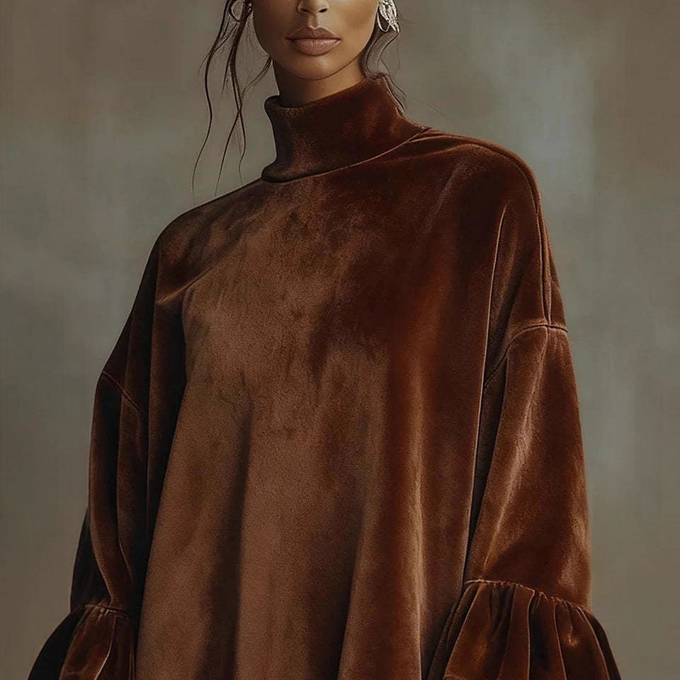 Autumn And Winter New Gold Velvet With Leopard Print Turtleneck Dress