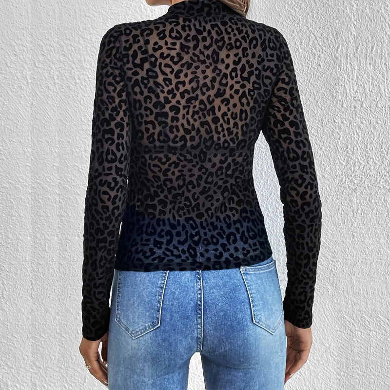 Women's Solid Color Stand Collar Long Sleeve Fitted Top, Sheer Leopard Print Pattern, Layering Base For Spring And Autumn