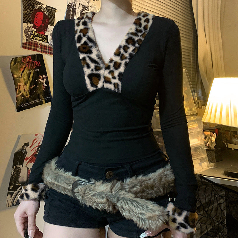 French Sexy Hot Girl Leopard Print Base All-matching T-shirt Sweater