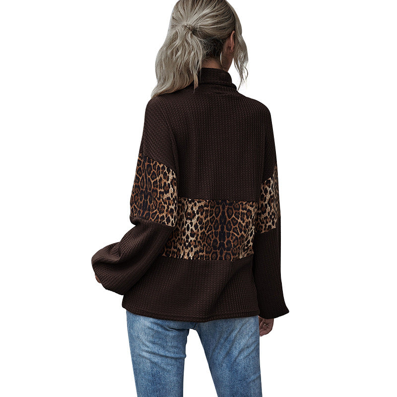 New European And American Leopard Print Contrast Color Long Sleeve Ladies Pullover Top