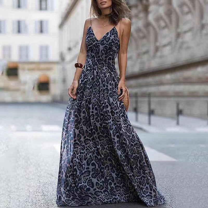 New Style Women's European And American Fashion Leopard Print V-neck Backless Dress With Suspenders