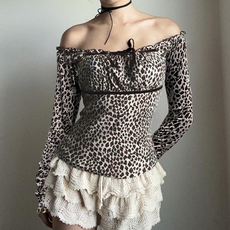 European And American Leopard Print Long Sleeve Top For Women