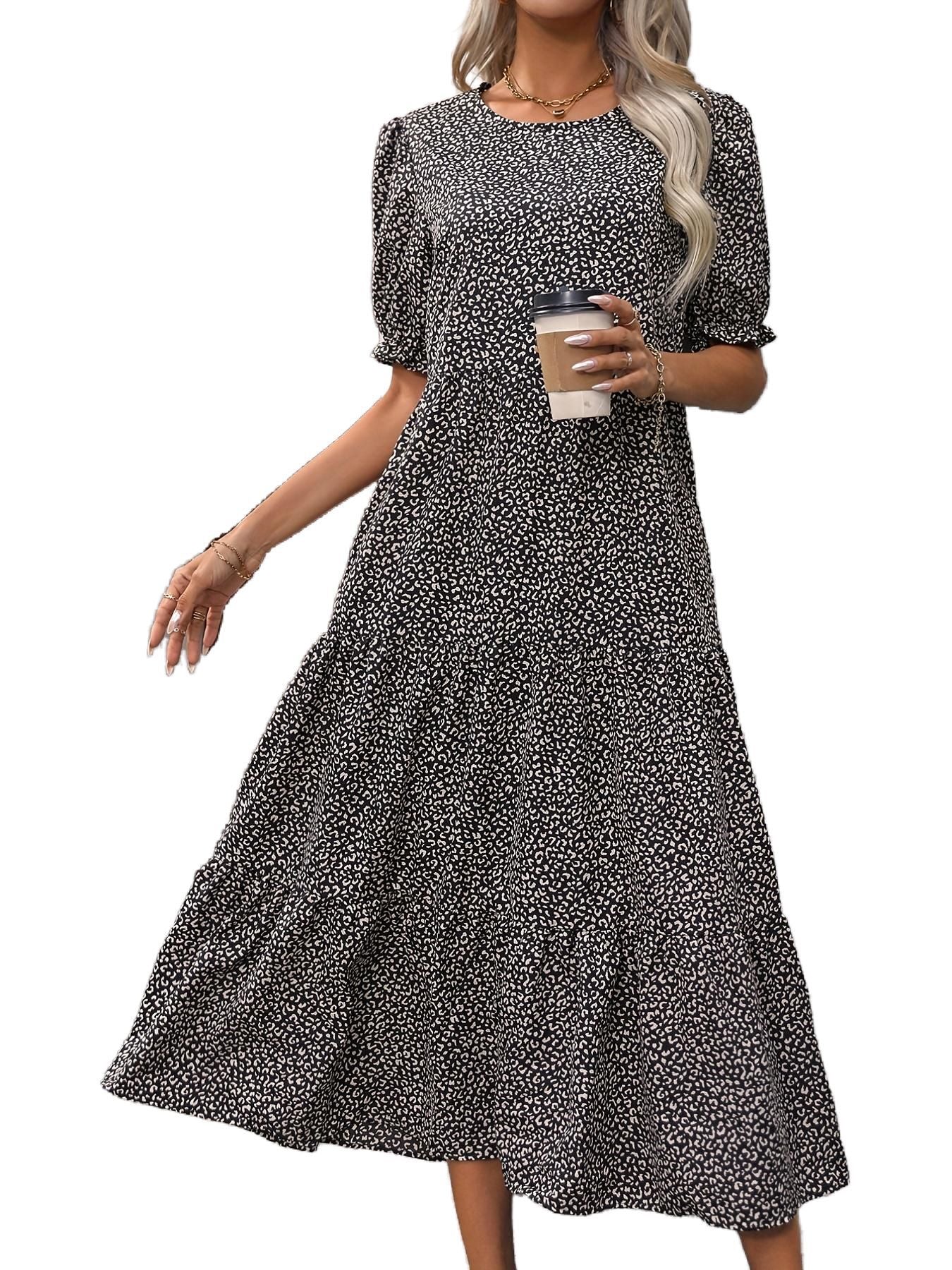 Casual Bohemian Dress Leopard Print Floral Print Pleated Puff Sleeve Jumpsuit