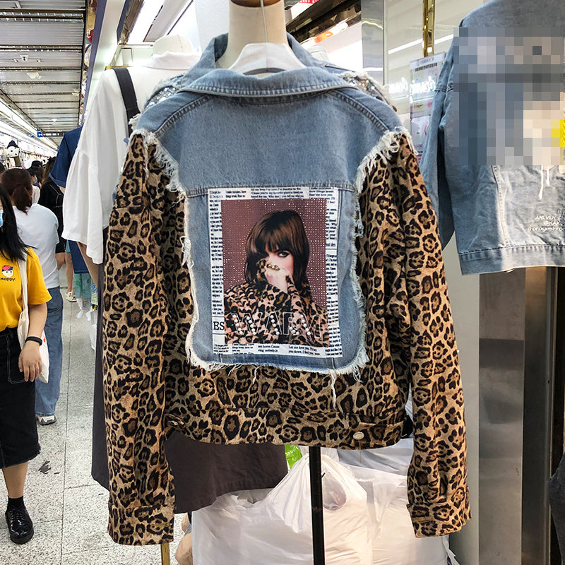 Ladies leopard stitching denim jacket