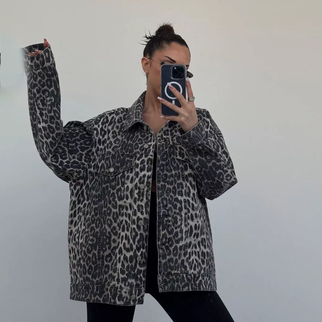 Street Leopard Print Denim Coat Female Loose Retro