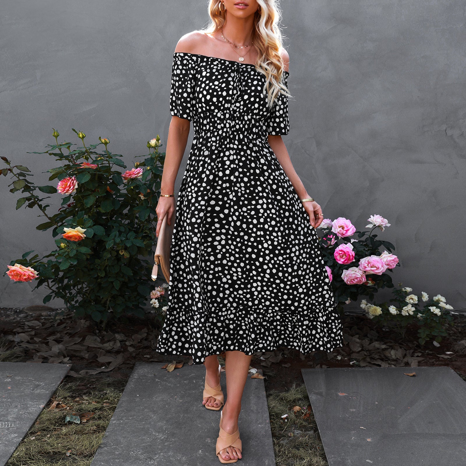 Kurzärmeliges schulterfreies Leopardenkleid für Damen