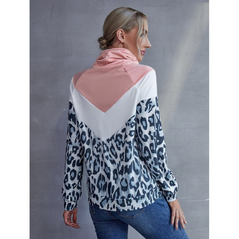 Leopard Print Contrast Stitching Pullover Hoodie