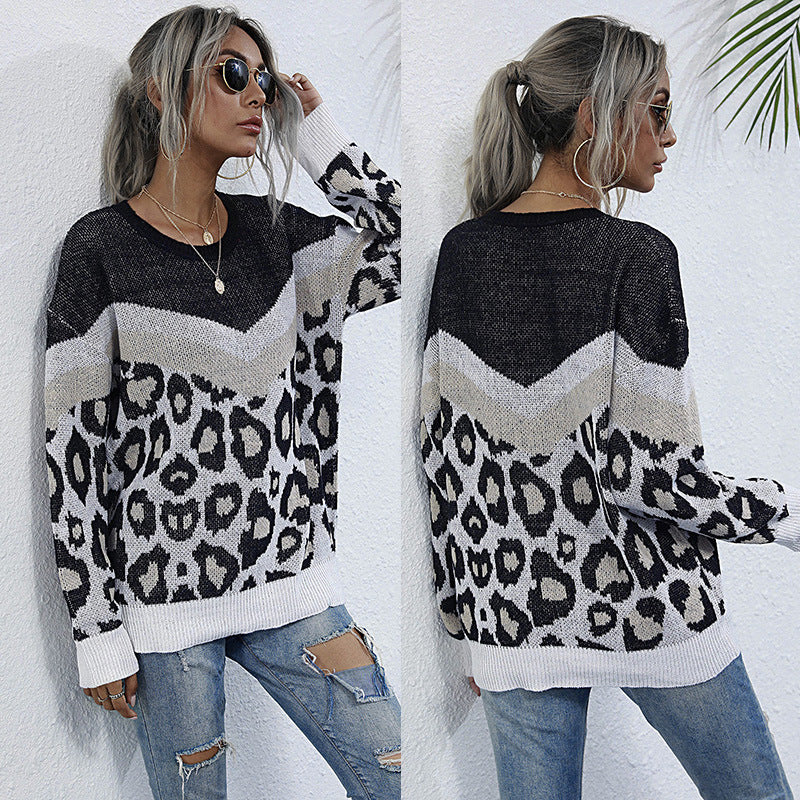 Leopard Print Stitching Loose  Round Neck Knitted Sweater Women'S Pullover