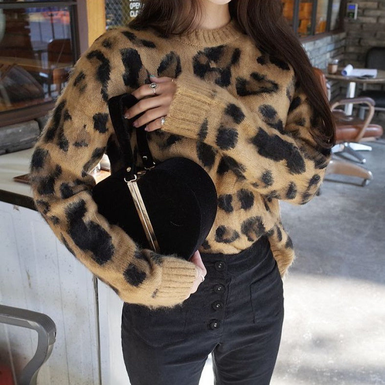 Refined Stylish And Versatile Warm Thick Leopard Print Pullover Sweater