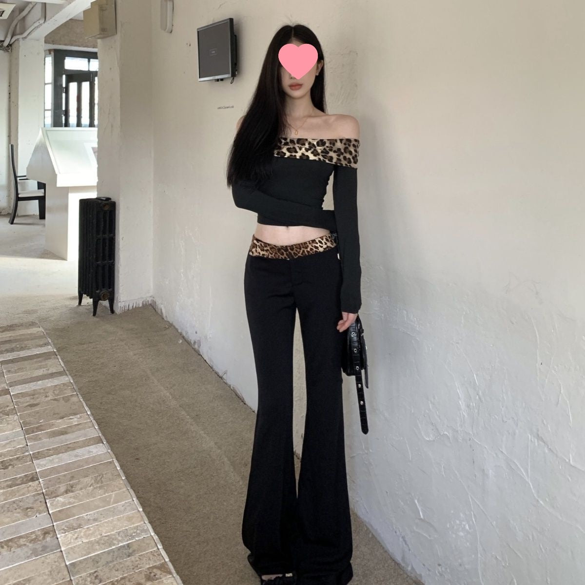 Off-shoulder Leopard Splicing Long Sleeve Autumn And Winter American Hot Girl Suit