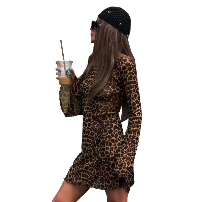 Stylish Leopard Print Off-neck Bell Sleeve Dress for Her