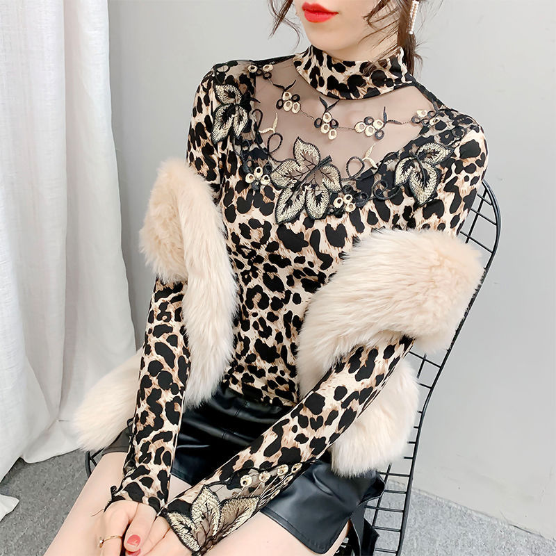 Leopard Print Bottoming Shirt Western Style Lace Embroidered Top